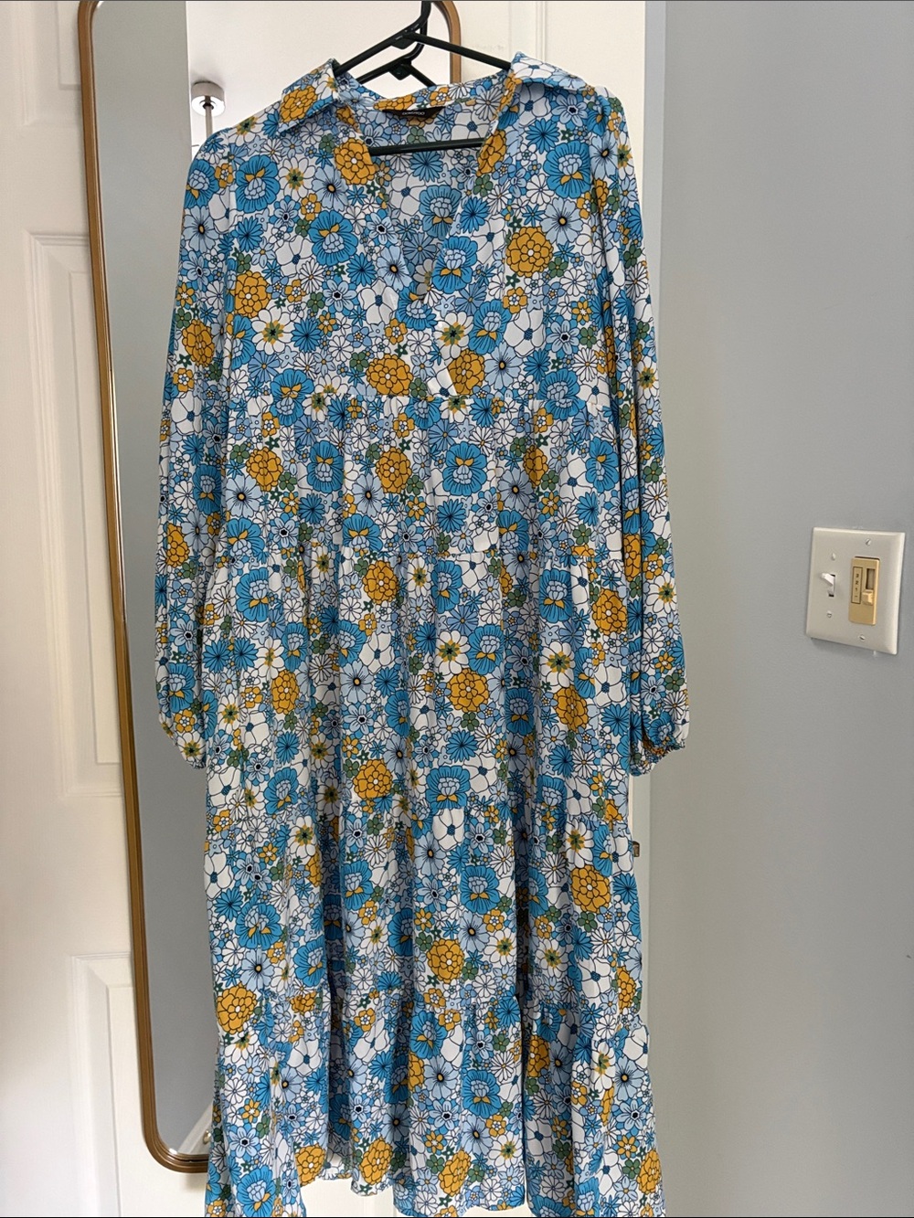 Blue & Mustard Floral Long-Sleeve Maxi Dress